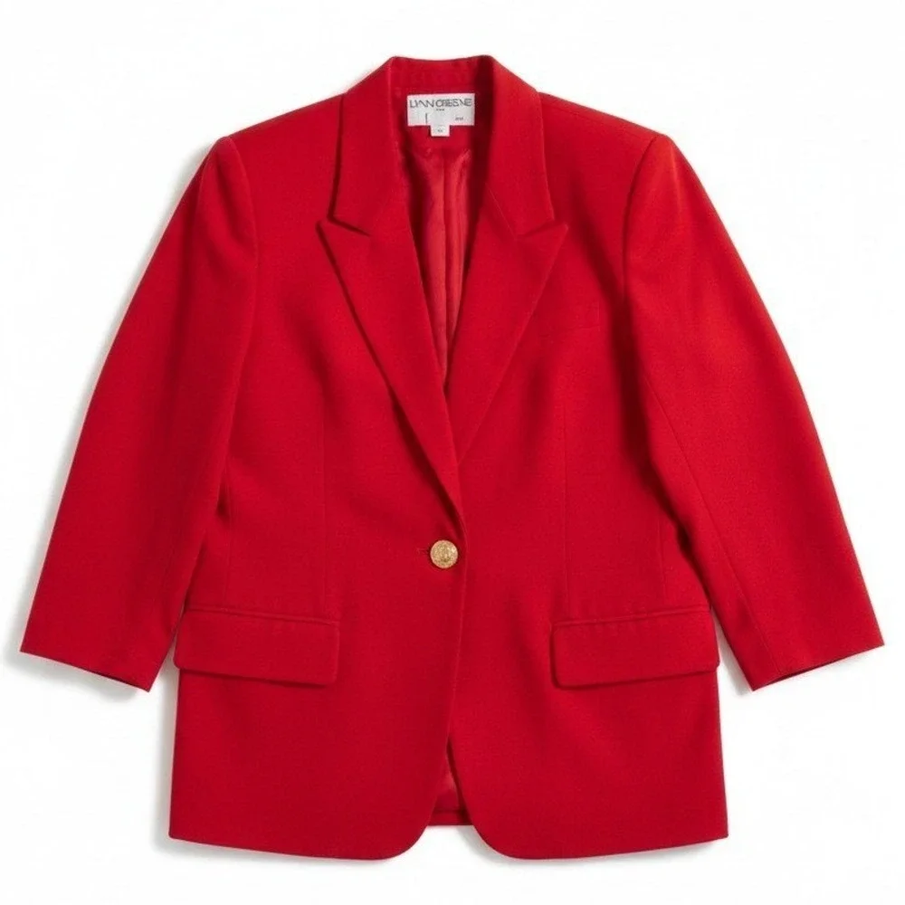 Lynn Greene Richard Neal Vintage Red Blazer, Gold Floral Button, Women's Size 12
